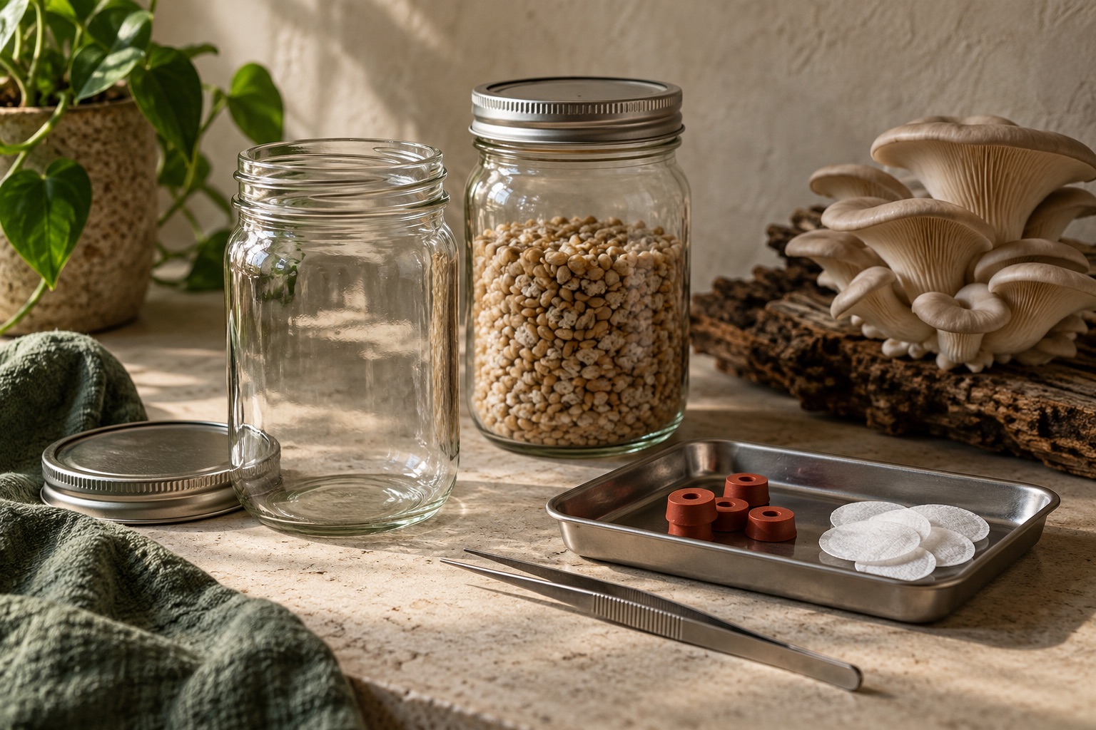 Illustrative small cultivation workstation with Mason jars, filters, and lid components